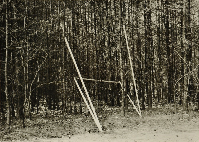 DIET SAYLER – FOREST INSTALLATION II 1981, Kraftshofer Forst, Nuremberg, five wooden sticks 350x4x4 cm, gelatin silver print on paper, 46x66 cm, Edition 2/7